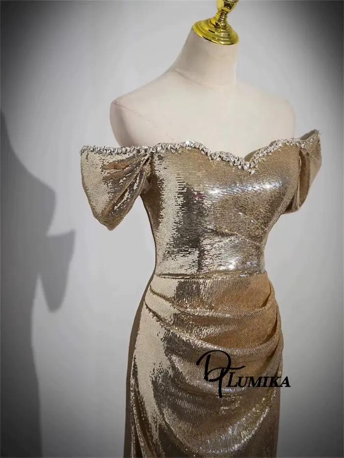 DTLumika - Robe longue à paillettes dorées, manches épaules dénudées, col en cœur perlé, longue gaine, robe de bal, robes de soirée