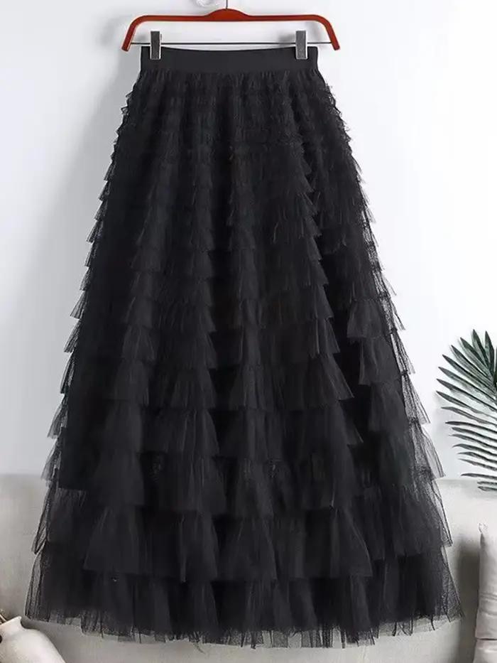 LANMREM mode maille jupe femmes taille haute a-ligne gaze épissé couleur unie jupes amples polyvalent 2025 printemps nouveau 2AA4000