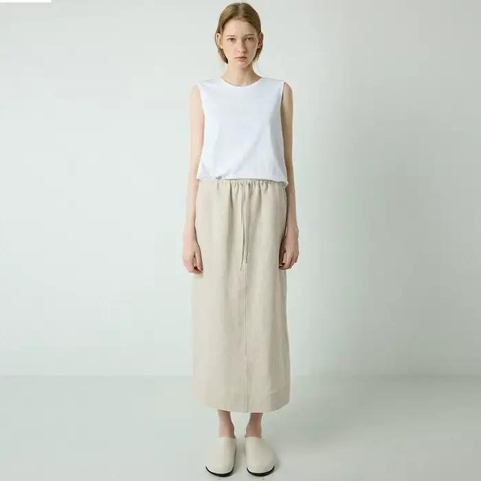 100% lin femmes cordon jupe droite printemps/été nouveauté taille élastique Simple décontracté ample femme dos fendu jupes