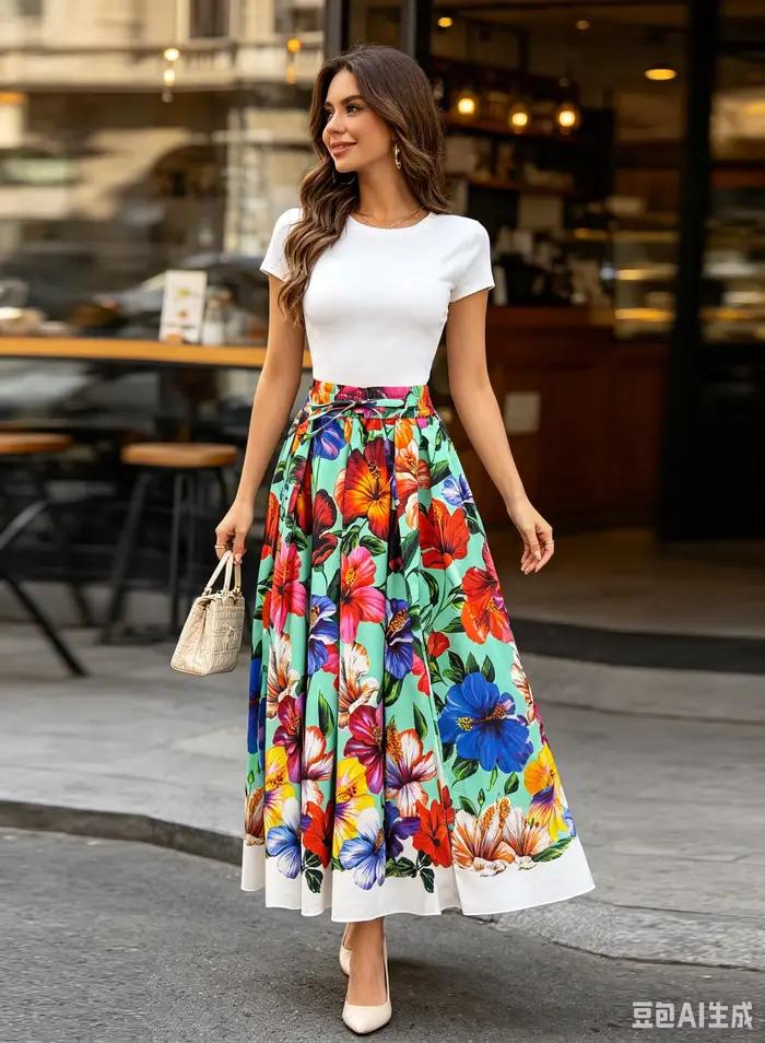 Jupe longue noire à fleurs pour femme, taille haute, à volants superposés, coupe évasée
