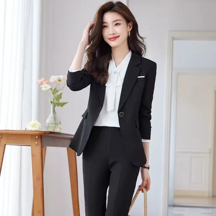 Ensemble de costume bleu pour femme – Nouvelle collection printemps-automne-hiver – Uniforme de travail professionnel haut de gamme – Manteau élégant et distinctif