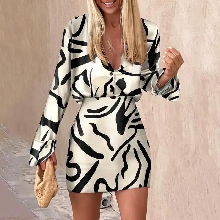 Jupe Imprimée Deux Pièces Avec Chemise Pour Femmes Nouvelle Collection Printemps Ete Mode Bureau Robe Soirée Boite De Nuit