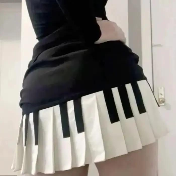Jupe plissée vintage piano noir et blanc de style doux et épicé pour femmes
