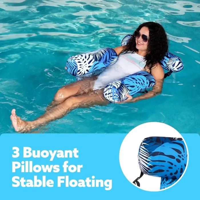 Chaise longue gonflable à imprimé végétal avec porte-gobelet, siège pliable et portable pour la plage, le lac, la piscine, utilisation en extérieur