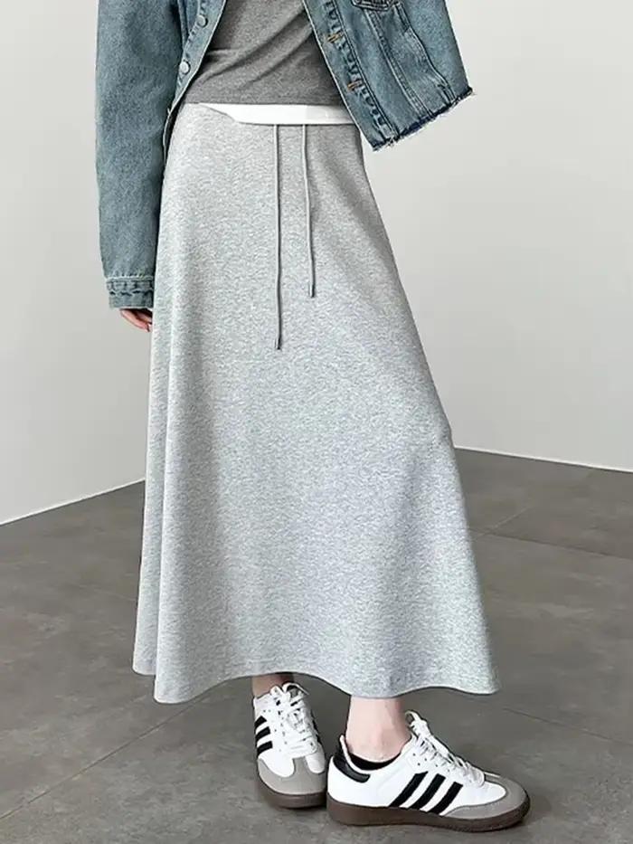 Décontracté coréen gris jupes longues femmes taille haute Style Preppy jupe mignonne printemps Vintage femme élégante Simple une ligne jupes