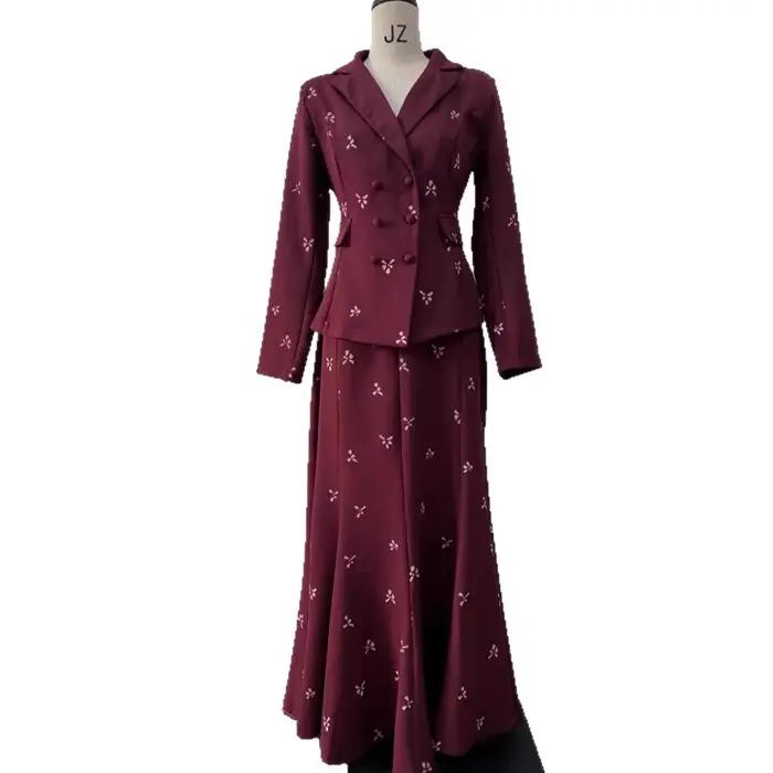 Femmes jupe longue costume veste 2 pièces Ensemble imprimé tenues haut jupes Blazer manteau musulman Double boutonnage à lacets Eid Ensemble modeste