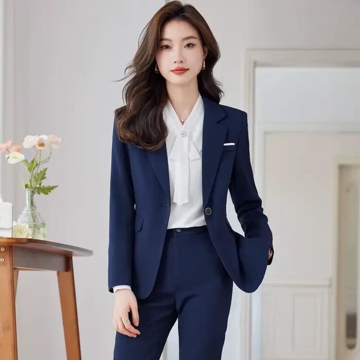 Ensemble de costume bleu pour femme – Nouvelle collection printemps-automne-hiver – Uniforme de travail professionnel haut de gamme – Manteau élégant et distinctif