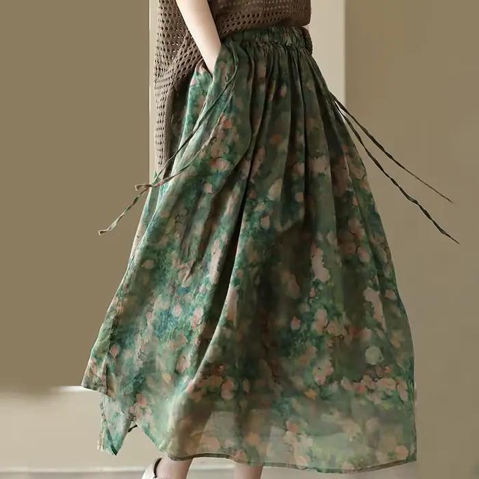Jupe longue imprimée Vintage en coton et lin