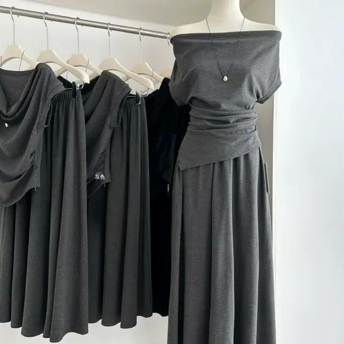 Ensemble deux pièces style coréen pour femme : haut asymétrique et jupe midi taille haute