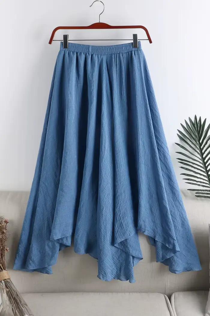 Jupe en lin femme printemps été 2025 nouvelles femmes Midi couleur unie sauvage irrégulière plissée bleu noir grande