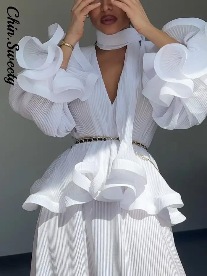 Ensemble chic 2 pièces pour femme : chemise à manches cloche et jupe, col en V, volants, avec écharpe – Collection été 2026