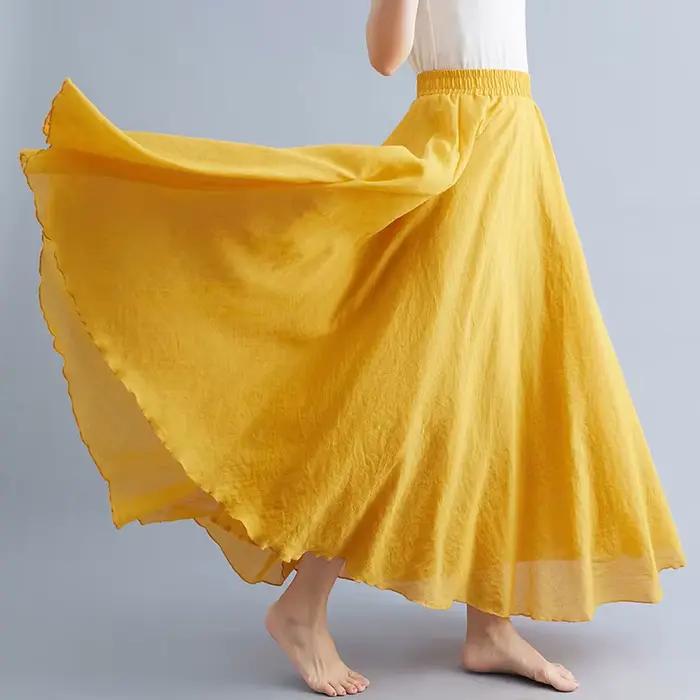 Jupe longue de plage en coton et lin pour femme style bohème vintage décontractée couleur unie ligne A taille haute longueur piste de danse maxi nouvelle collection printemps été