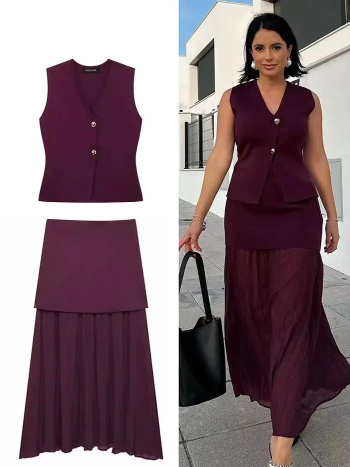 HH 2025 femmes jupe ensemble vin rouge tricoté col en v sans manches mince gilet + solide taille haute fermeture éclair