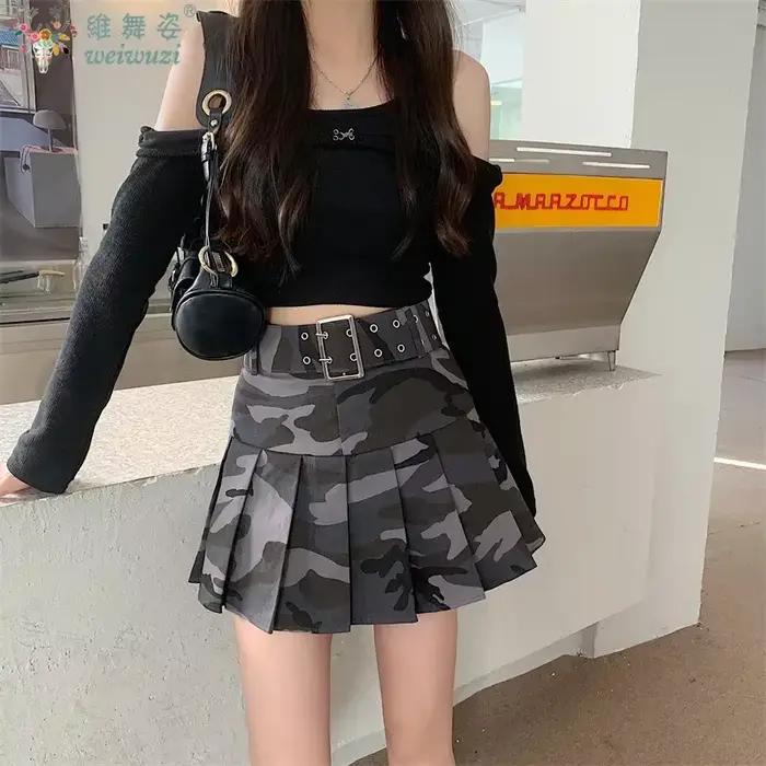 Robe d'été femme Rue femmes Camouflage Denim plissé Mini jupes danse école filles taille haute ceinture
