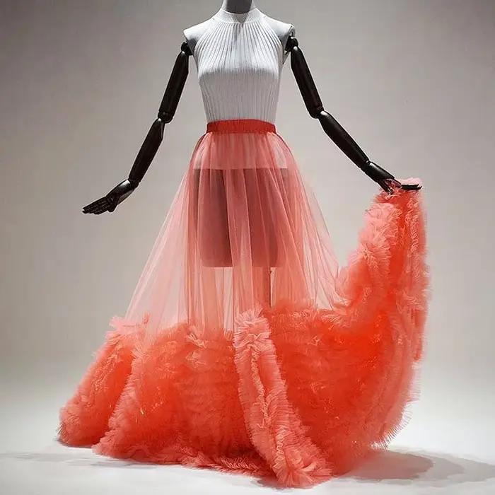 Jupe en tulle transparente à volants pastèque pour séance photo, mariage, anniversaire ou comme jupon女性长裙透明雪纺荷叶边设计，适合拍照、婚礼或生日派对使用