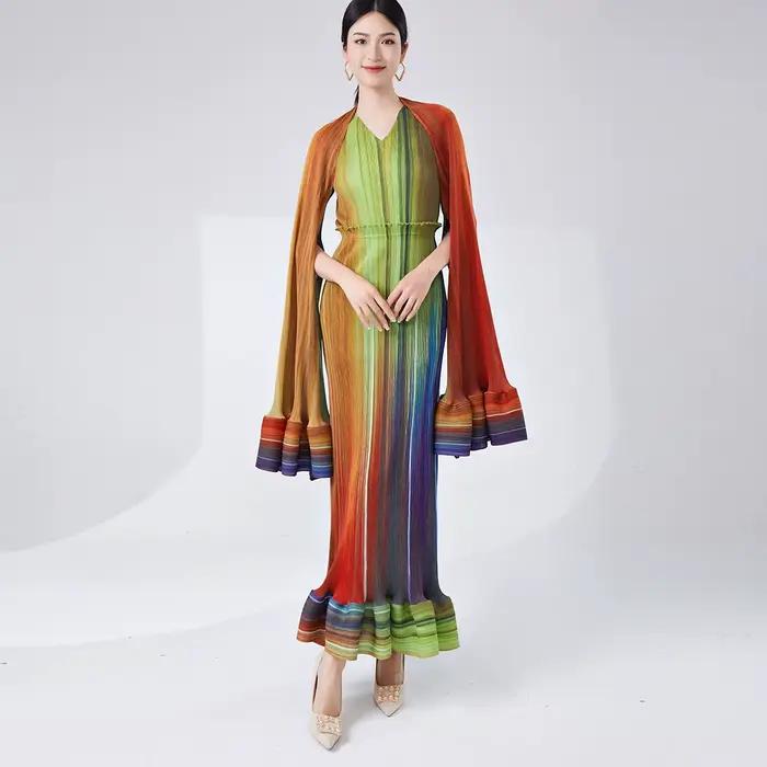 Robe longue plissée à effet dégradé, robe deux pièces élégante et amincissante, robe de soirée haut de gamme