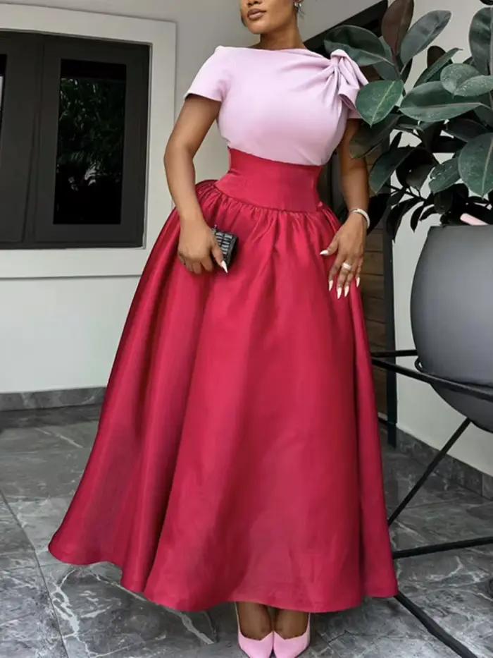Robes Maxi bloc de couleur rouge pour femmes, manches courtes, taille haute, ligne A, mode Slim, fête, Club, bal, robes de soirée élégantes et simples