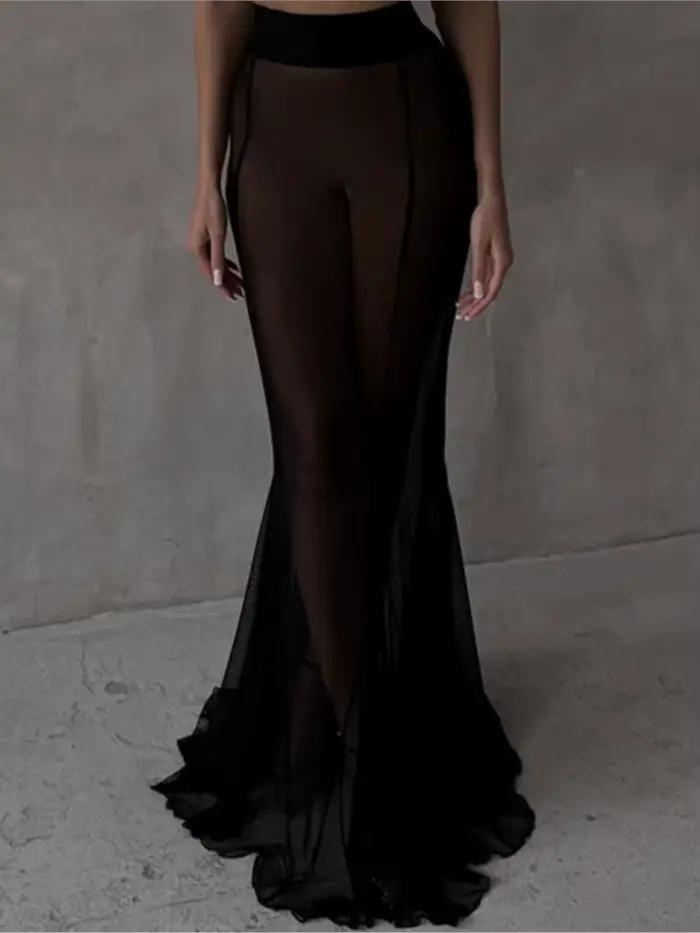 Mode Sexy jupe transparente pour les femmes élégant noir blanc taille haute paquet hanche jupes longues dame vacances