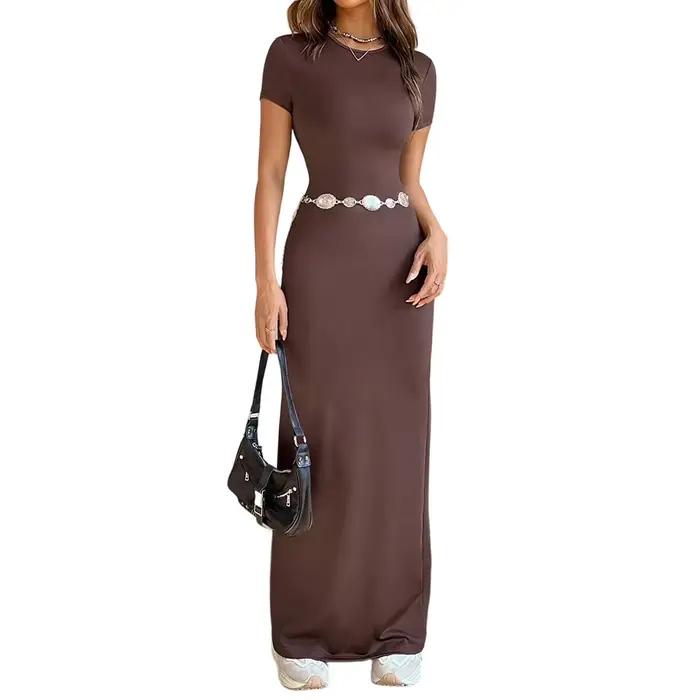 Robe T-shirt longue ajustée élastique pour femmes avec col rond et manches courtes