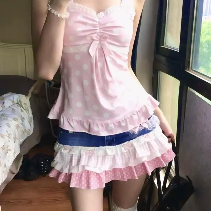 Jupe courte Y2K vintage rose patchwork en jean douce pour jeunes filles mode créateur effets gâteau dentelle pois mini au-dessus du genou occassions spéciales printemps été