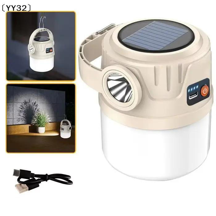 Lampe de camping à longue durée de vie, alimentée par énergie solaire, prend en charge la charge de type C, lampe de tente portable d'extérieur, lampe de secours, crochet〔YY32〕