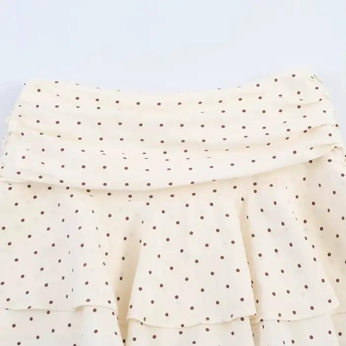 BSAY Nouvelle jupe-short beige à pois pour femme, taille haute, plissée, à volants, superposée, mini-jupe décontractée d'été pour la plage avec doublure