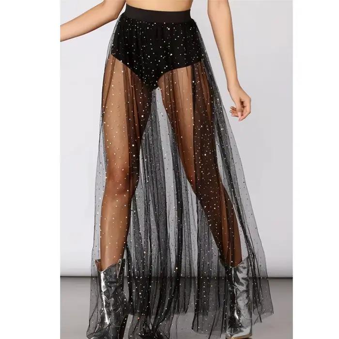 Jupe longue femme en maille transparente