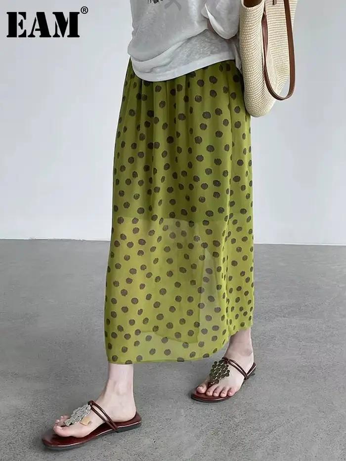 [EAM] Jupe mi-longue trapèze en mousseline à pois verts, taille haute élastique, fente arrière, pour femme, nouvelle collection Printemps-Été 2026, 1DJ8180