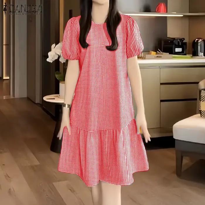 ZANZEA Robe décontractée à carreaux pour femme, col rond, manches courtes bouffantes, ourlet à volants, longueur genou, été, usage quotidien, Vestidos Mujer
