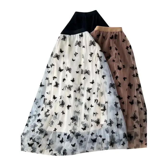 Jupe élégante pour femme, taille haute, coupe trapèze, brodée, en résille, style féerique, amincissante, couvrant les hanches, longueur midi 2026
