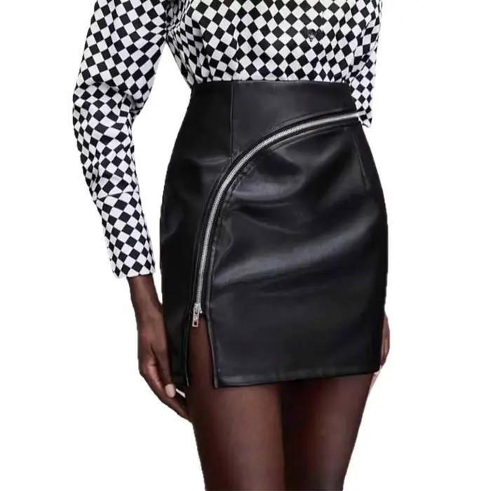 Mini-jupe tendance taille haute avec fermeture éclair et fente pour femme