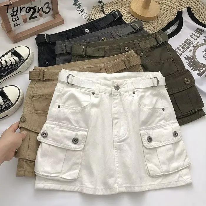 Vintage Denim Cargo jupes femmes Chic haute rue 4 couleurs tout-match été Hotsweet Ins poches Mini a-ligne Faldas Sexy collège