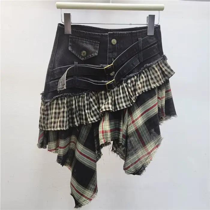 Mini jupe superposée en Denim vieilli, Plaid, Patchwork, boutons, Design, Streetwear, nouvelle collection automne 2025, jupes courtes irrégulières Y2k