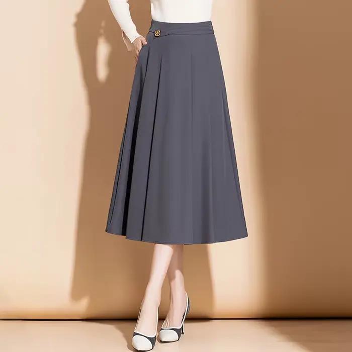 ZUZK femmes solide OL jupes nouveau printemps automne élastique taille haute femme élégante a-ligne mi-longue jupe noire Saia Preta