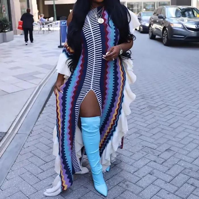 Robe de plage tendance à volants, col rond, manches courtes, coupe ample, longue et irrégulière, imprimée à rayures, tricotée, pour femme, été