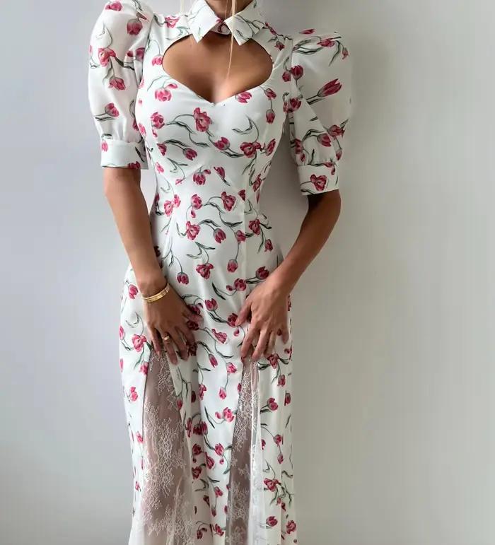 Robe longue en dentelle à imprimé élégant pour femmes, robe de soirée à manches courtes, taille haute, ajustée, pour le travail, robe longue pour femmes, polyester, coupe une ligne, décolleté polo, légèrement extensible ```