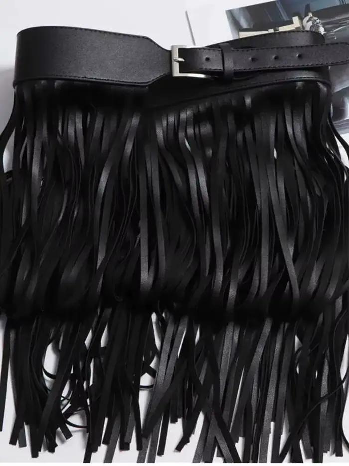 LANMREM bases jupe en cuir PU femmes ceinture couleur noire haute rue décoration pleine glands jupes femme nouvelle mode 2DC1326
