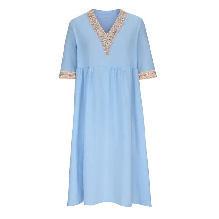 Robe mi-longue décontractée chic vintage en coton et lin à col en V et manches courtes pour femme – Nouvelle collection été 2026