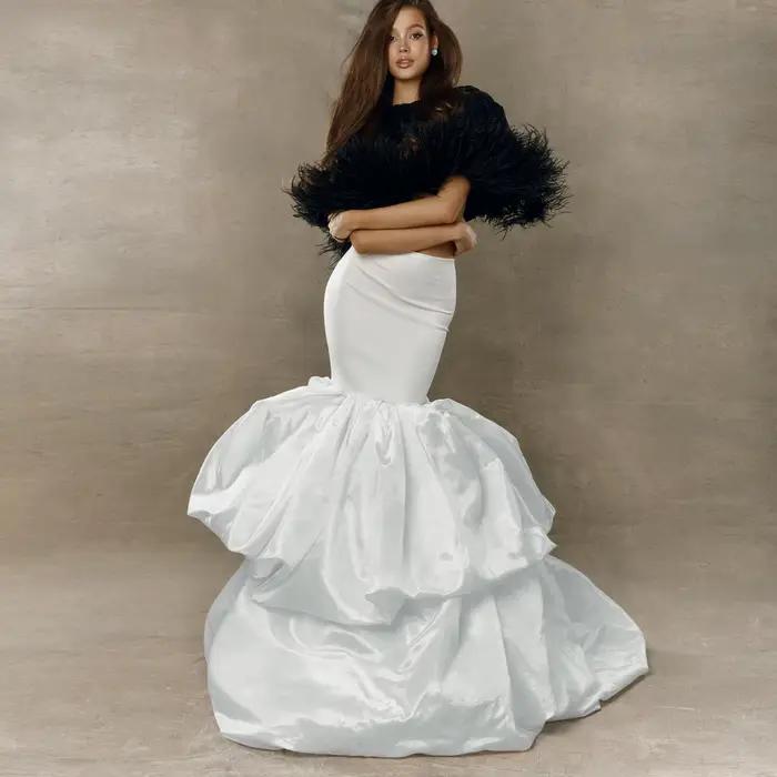 Jupe de mariée sirène taille haute pour femme avec traîne à volants en satin