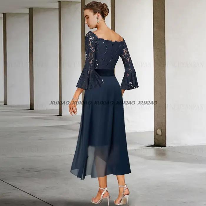 Robes mère de la mariée courtes bleues en dentelle et mousseline de soie