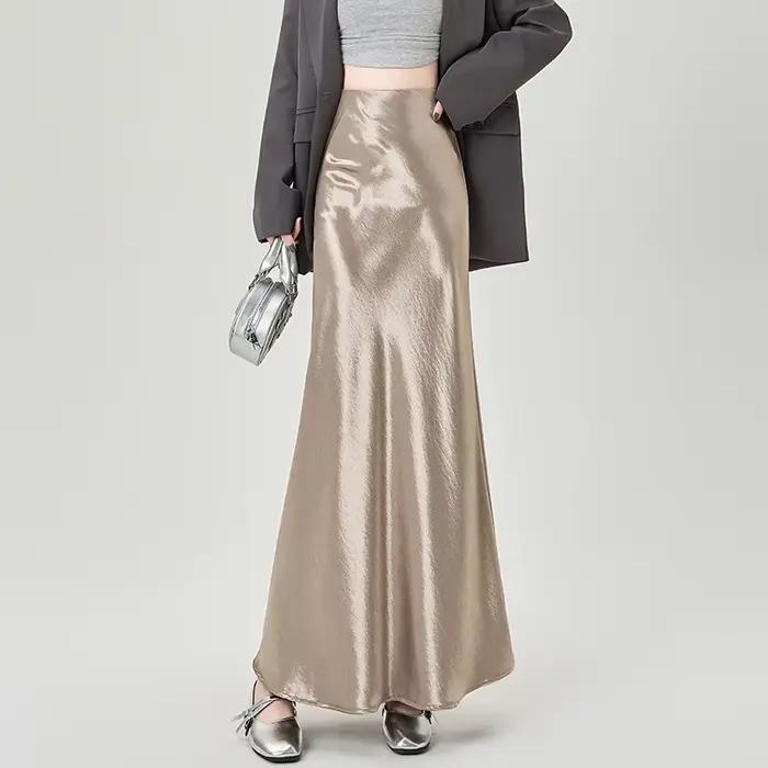 Jupe longue trapèze en satin à taille haute élastique pour femme