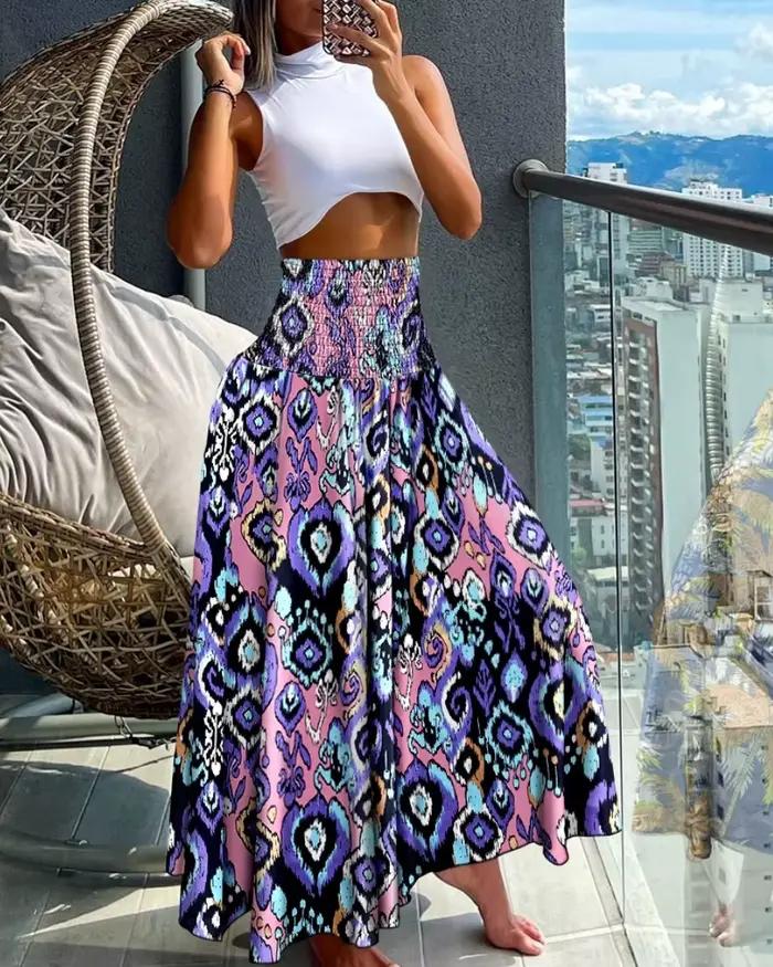 Jupe longue à taille haute pour femme, imprimé floral, silhouette en A, pour les vacances d'été à la plage