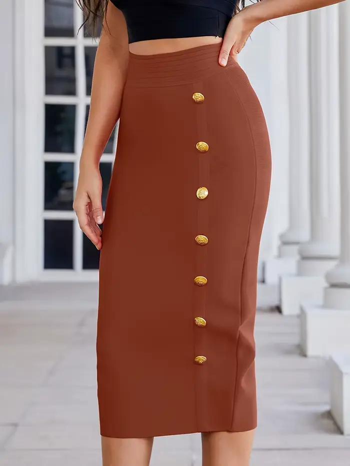 BEAUKEY-Jupe crayon mi-mollet marron pour femme, longue jupe de club de haute qualité, fût con, bouton bandage, vente en gros, XL, hiver