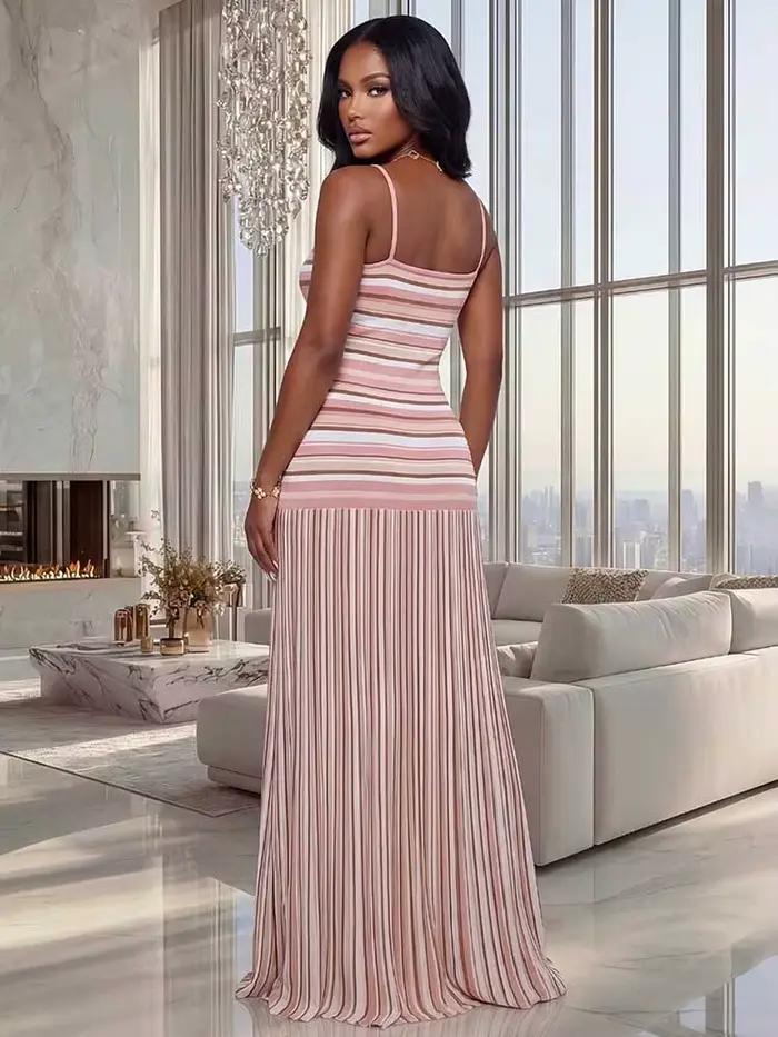 Robe longue d'été pour femme à fines bretelles, décontractée et chic, amincissante à la taille, rayée, tricotée, élégante, sans manches, pour les vacances