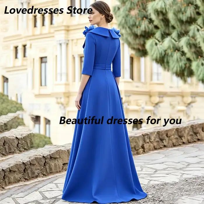Robes personnalisées pour la mère de la mariée, bleu royal, col en V, manches 3/4, fleurs 3D, robe longue formelle pour invitées de mariage, robe de soirée