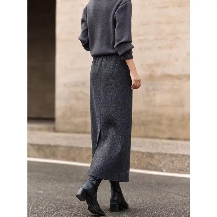 Jupe simple VIMLY pour femme, collection Printemps-Automne 2026, gris, paillettes fines, décontractée, taille élastique, coupe trapèze, longueur midi, vêtements féminins A3509