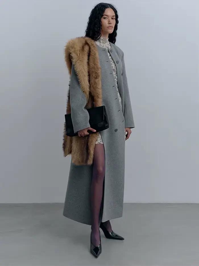 Manteau Long en laine grise pour femmes, col rond, manches longues, boutons asymétriques, Design, Silhouette élégante, vêtements d'extérieur chauds, manteau d'automne 2025