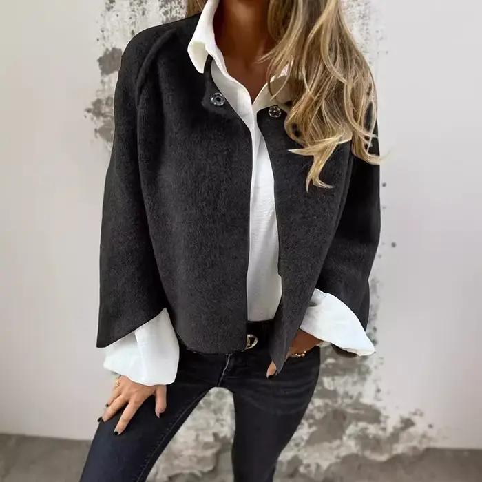 Veste courte en laine combinée pour femme, manches longues, monochromatique, vêtements d'extérieur décontractés, design, automne, hiver