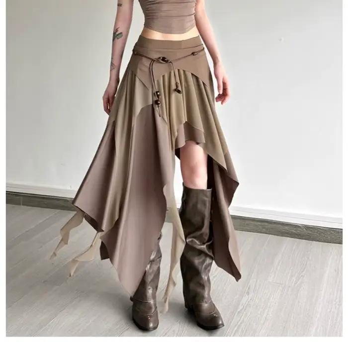Froncé élégant jupes longues femmes haute rue Style solide irrégulière ourlet fendu taille