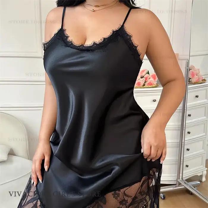 Grande Taille 3XL-5XL Robe de Nuit Longue d'Été pour Femme, Vêtement de Nuit, Robe d'Intérieur Sexy en Dentelle Patchwork, Chemise de Nuit en Rayonne, Tenue de Détente